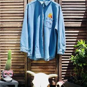 Blue Denim/corduroy Shirt with Embroidered Pooh Bear